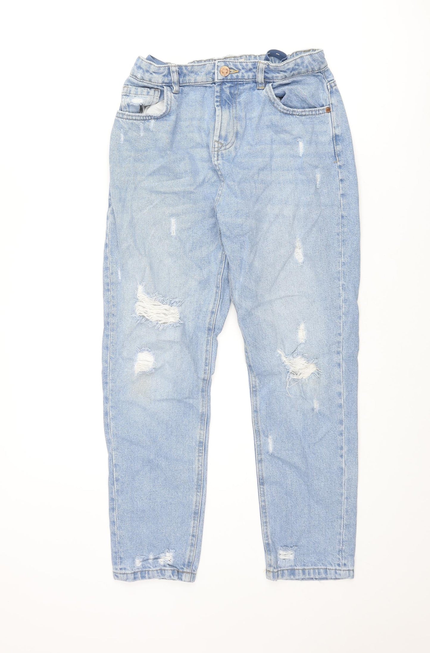 Marks and Spencer Girls Blue Cotton Tapered Jeans Size 13-14 Years L25 in Regular Zip - Distressed Adjustable Wasit