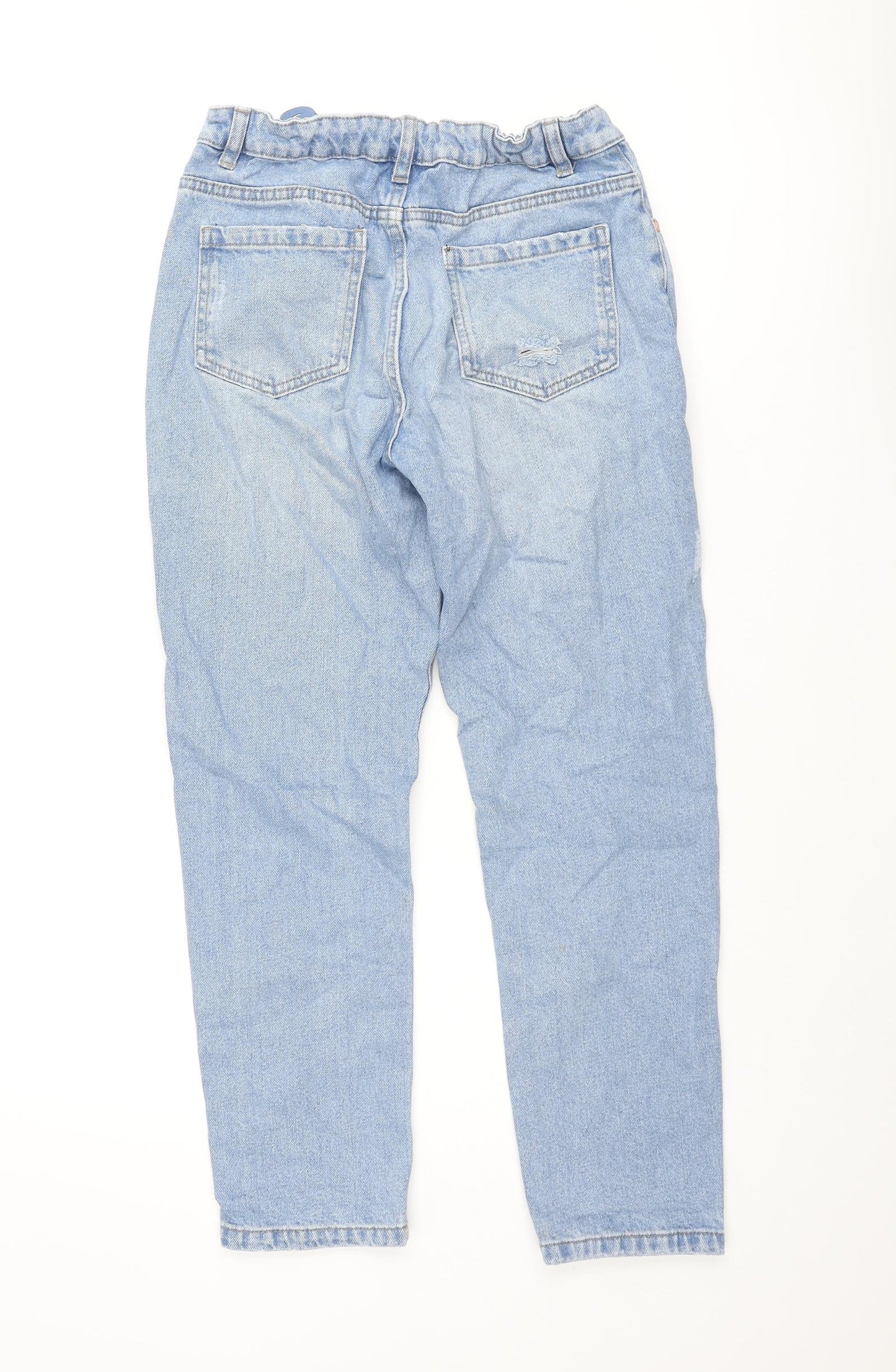 Marks and Spencer Girls Blue Cotton Tapered Jeans Size 13-14 Years L25 in Regular Zip - Distressed Adjustable Wasit