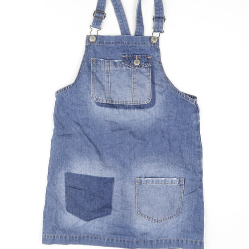 George Girls Blue Cotton Pinafore/Dungaree Dress Size 8-9 Years Square Neck Buckle - Distressed