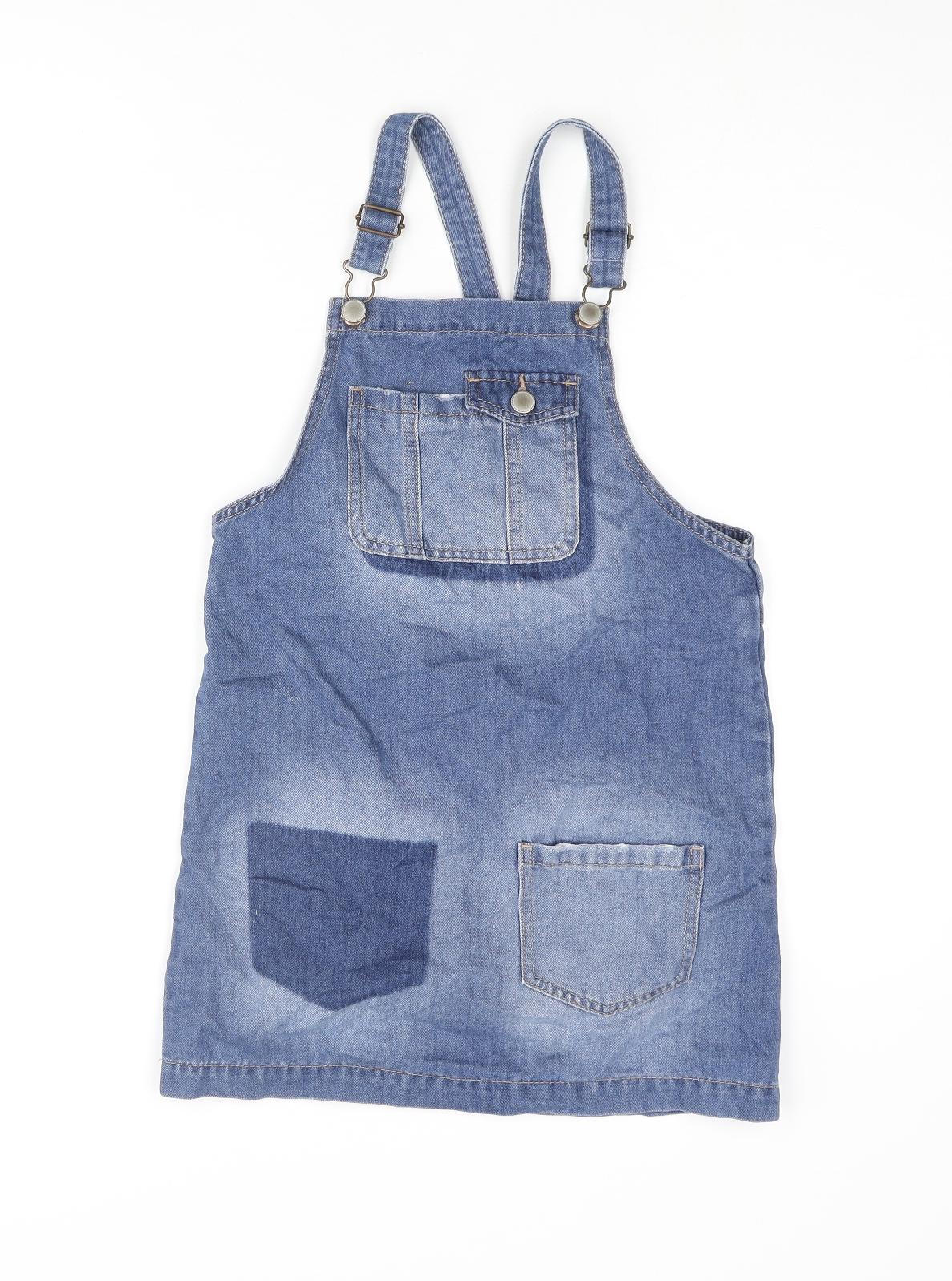 George Girls Blue Cotton Pinafore/Dungaree Dress Size 8-9 Years Square Neck Buckle - Distressed