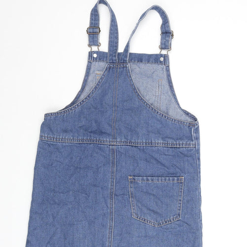 George Girls Blue Cotton Pinafore/Dungaree Dress Size 8-9 Years Square Neck Buckle - Distressed