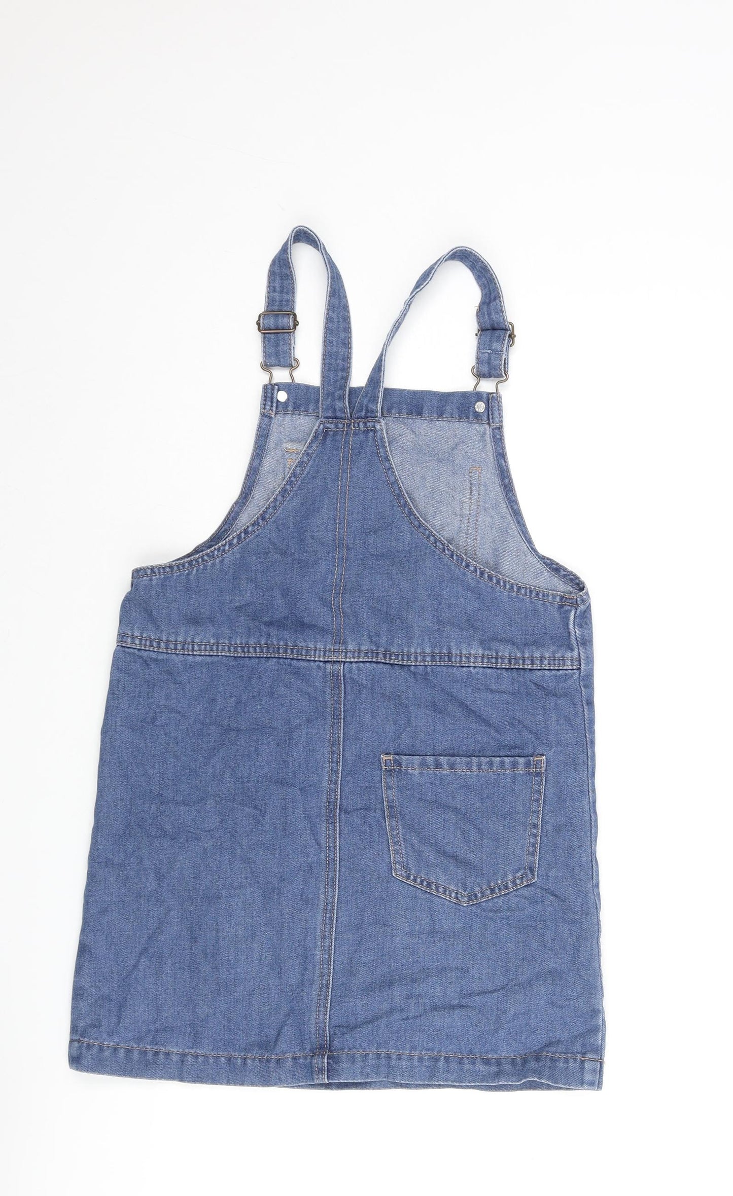 George Girls Blue Cotton Pinafore/Dungaree Dress Size 8-9 Years Square Neck Buckle - Distressed