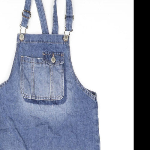 George Girls Blue Cotton Pinafore/Dungaree Dress Size 8-9 Years Square Neck Buckle - Distressed