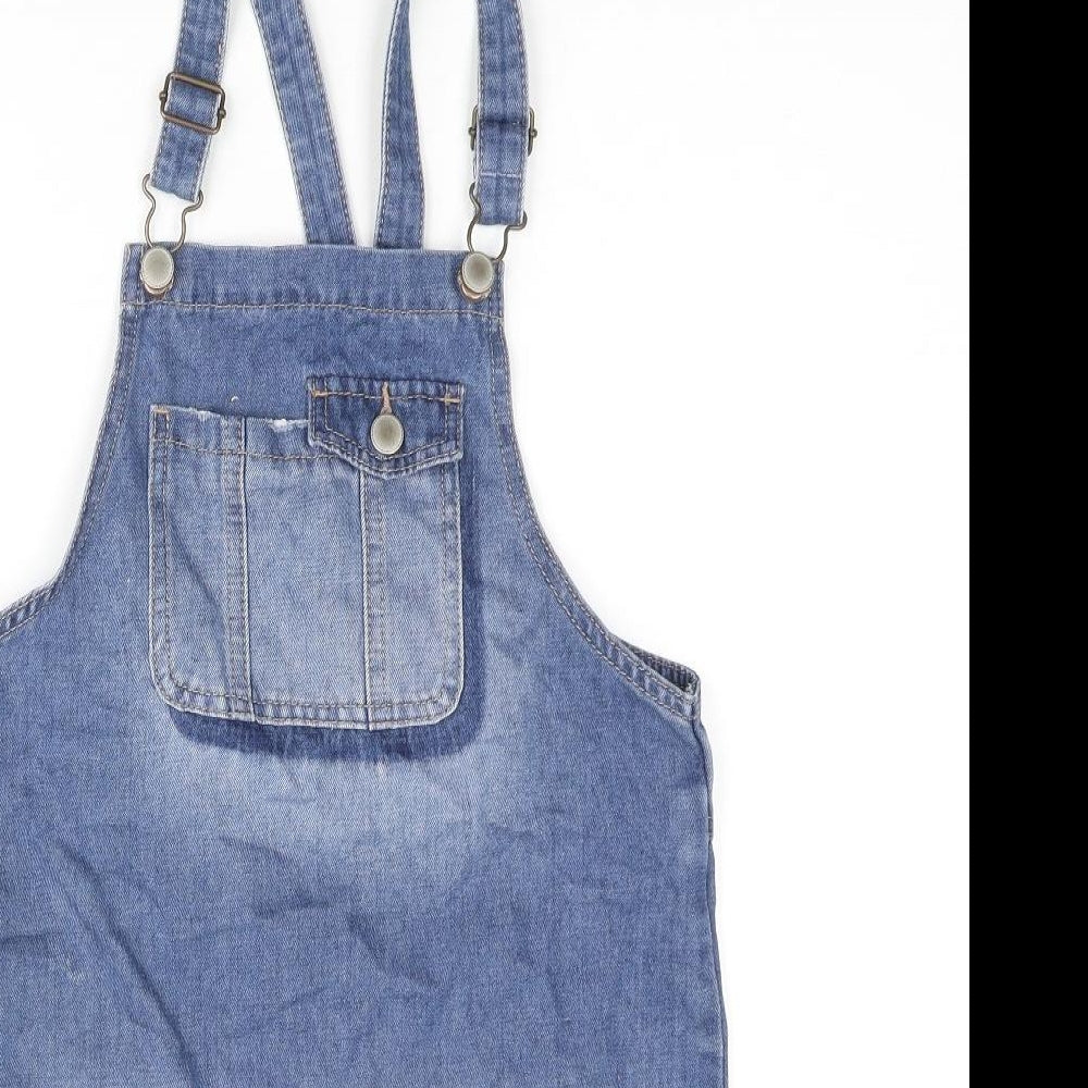 George Girls Blue Cotton Pinafore/Dungaree Dress Size 8-9 Years Square Neck Buckle - Distressed