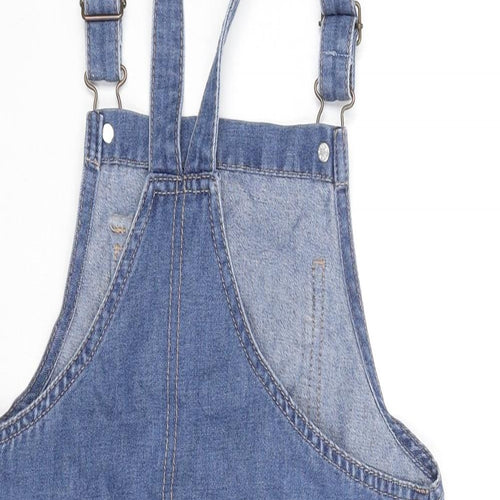 George Girls Blue Cotton Pinafore/Dungaree Dress Size 8-9 Years Square Neck Buckle - Distressed
