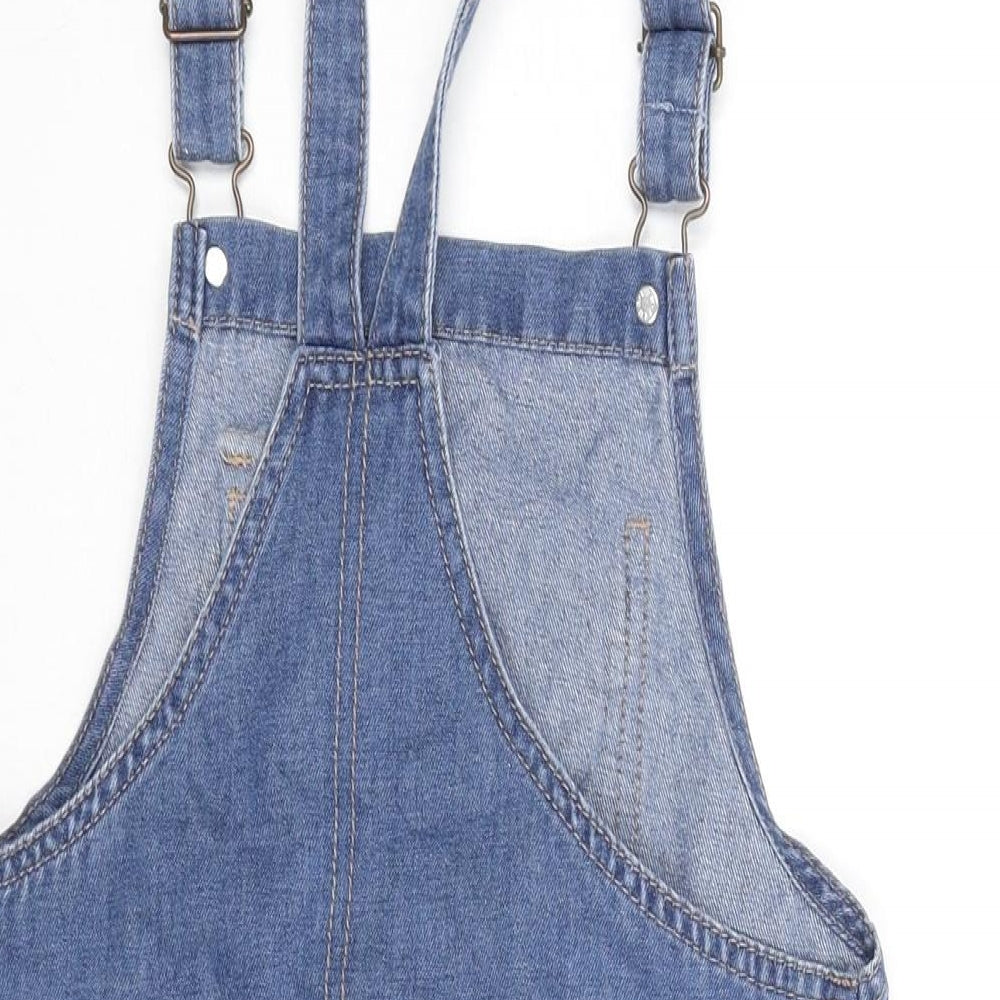 George Girls Blue Cotton Pinafore/Dungaree Dress Size 8-9 Years Square Neck Buckle - Distressed