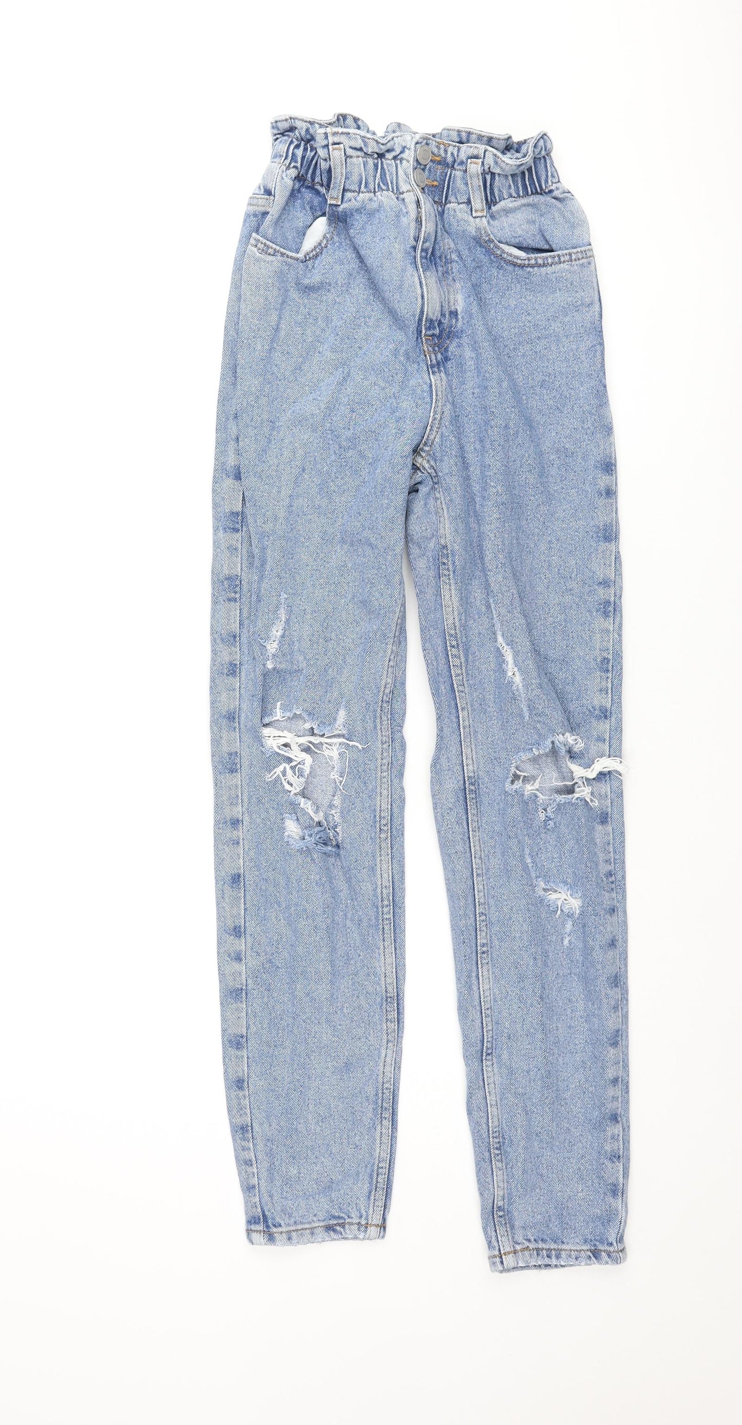 New Look Girls Blue Cotton Tapered Jeans Size 11 Years L27 in Regular Zip - Distressed Elasticated Waist