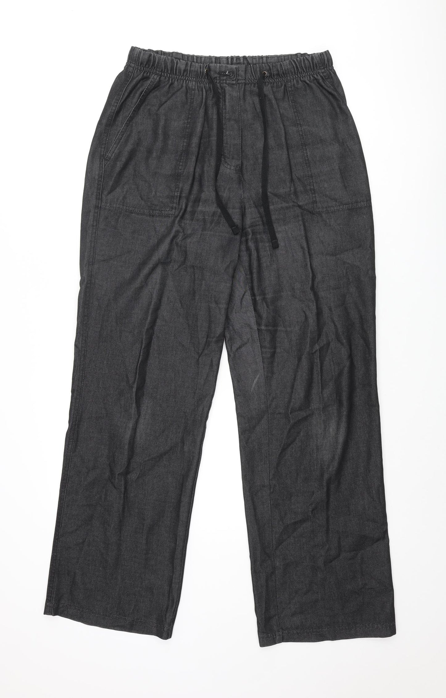 Marks and Spencer Womens Black Polyester Wide-Leg Jeans Size 14 L30 in Regular Zip - Drawstring