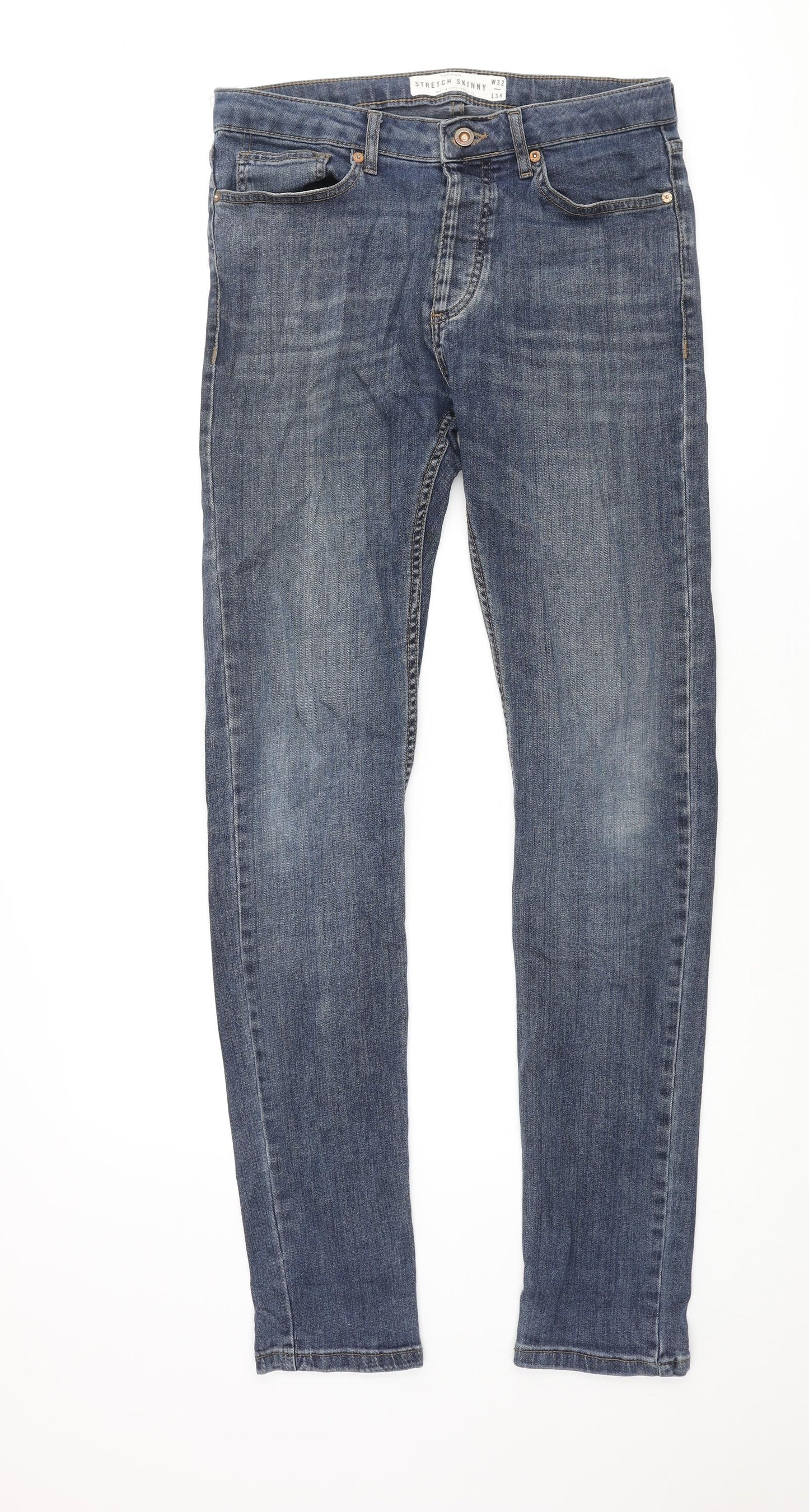 Topman Mens Blue Cotton Tapered Jeans Size 32 in L34 in Regular Button