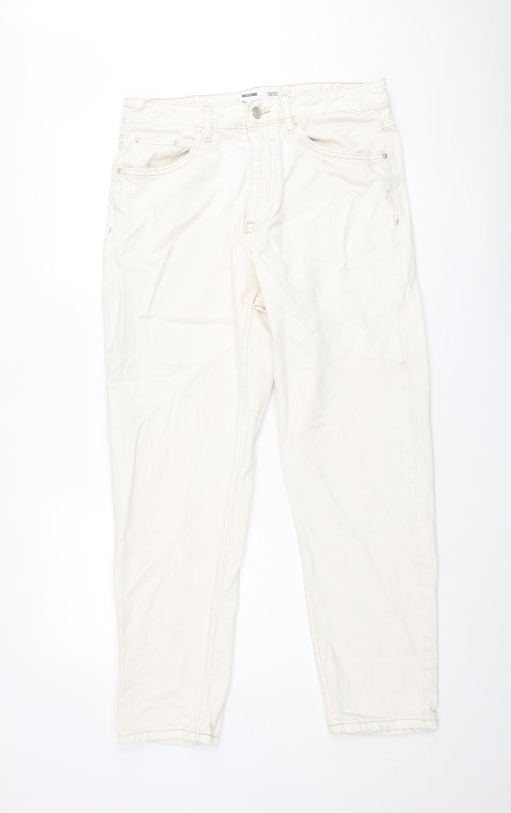 Bershka Womens Ivory Cotton Straight Jeans Size 10 L30 in Regular Zip
