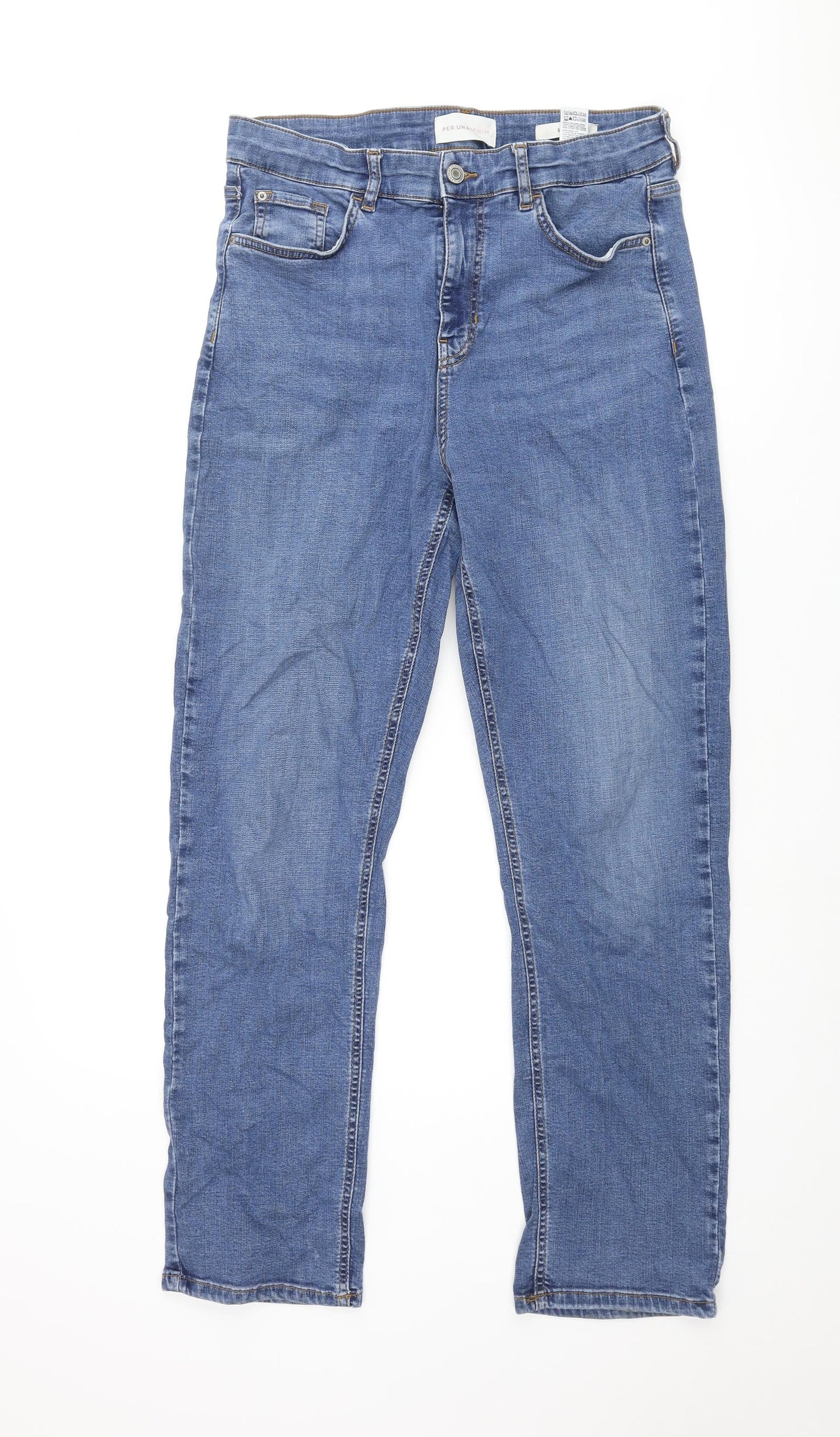 Per Una Womens Blue Cotton Straight Jeans Size 14 L30 in Regular Zip