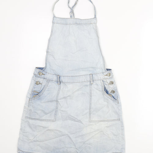 New Look Womens Blue Cotton Pinafore/Dungaree Dress Size 10 Scoop Neck Button