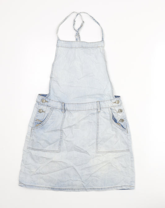 Front view of New Look women’s blue cotton pinafore/dungaree dress, size UK 10, scoop neck button