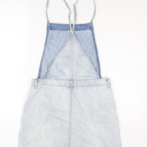 New Look Womens Blue Cotton Pinafore/Dungaree Dress Size 10 Scoop Neck Button