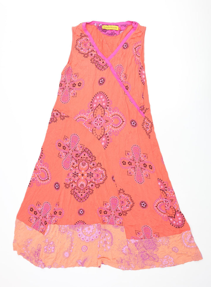Maya Prass Womens Orange Geometric Viscose Shift Size 10 V-Neck Pullover