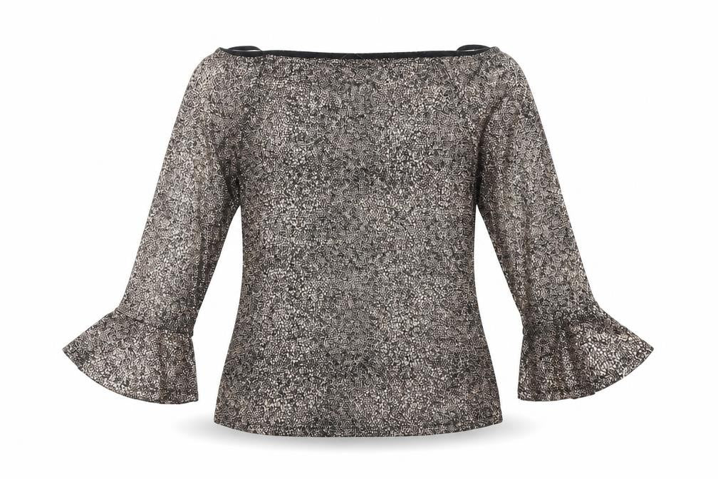 Front view of Marks & Spencer women’s brown geometric polyester basic t-shirt, size UK 10, off the shoulder