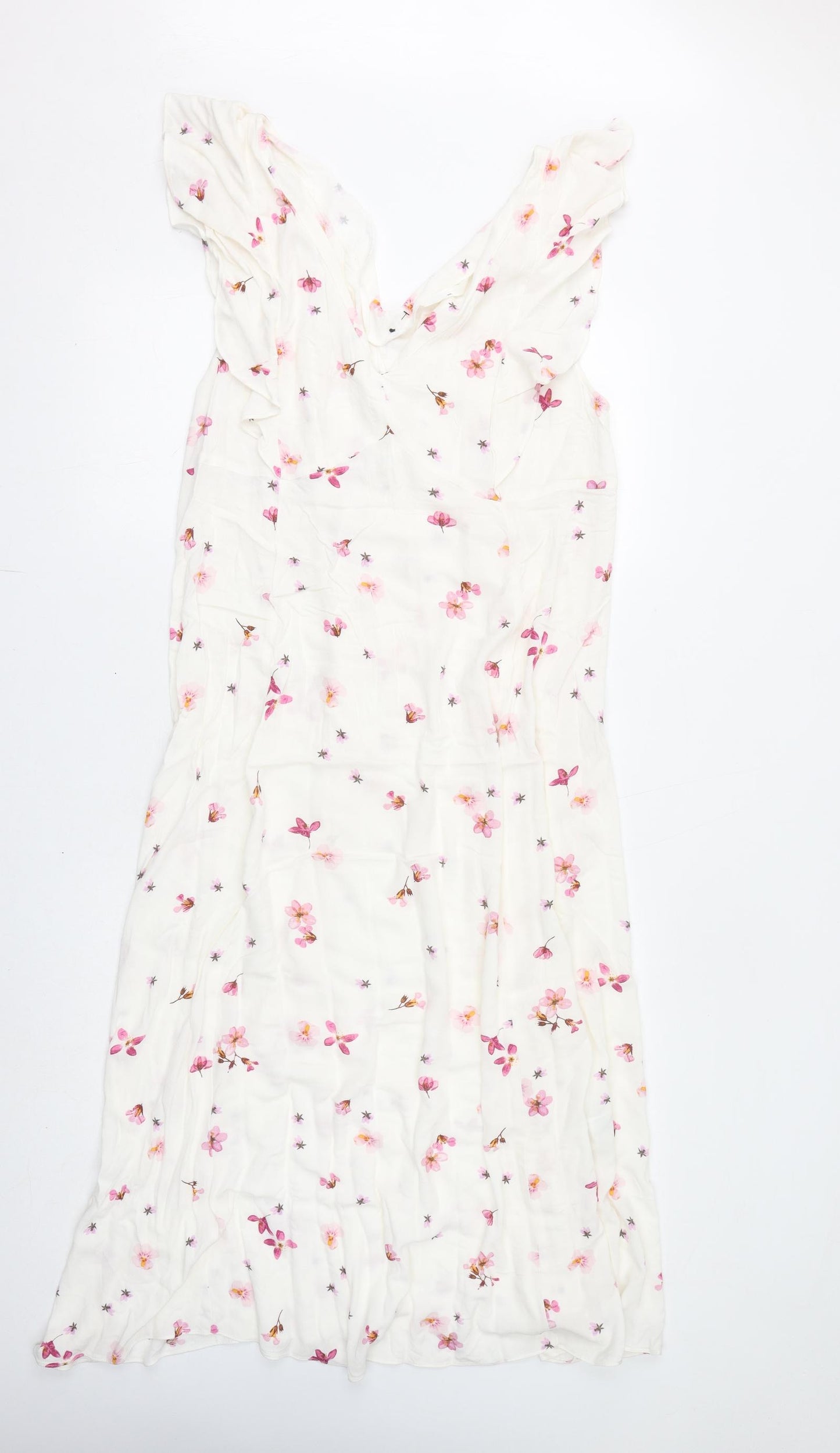 H&M Womens White Floral Viscose A-Line Size L V-Neck Pullover