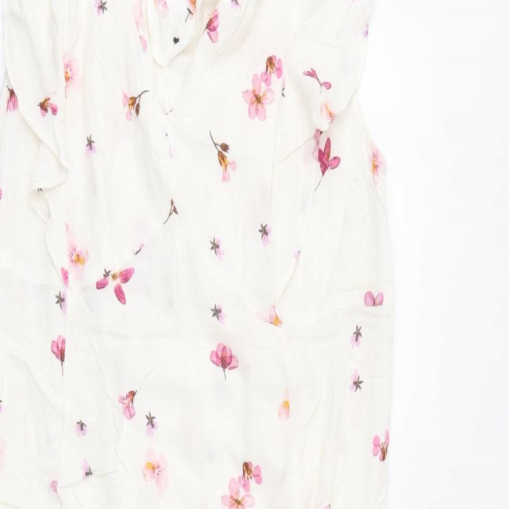 H&M Womens White Floral Viscose A-Line Size L V-Neck Pullover