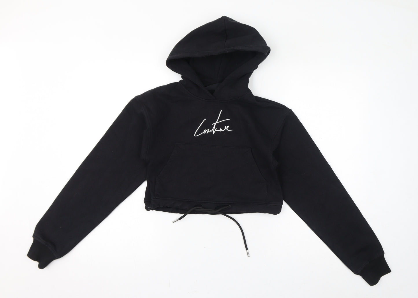 Couture Womens Black Cotton Pullover Hoodie Size 6 Pullover - Embroidered Logo, Cropped