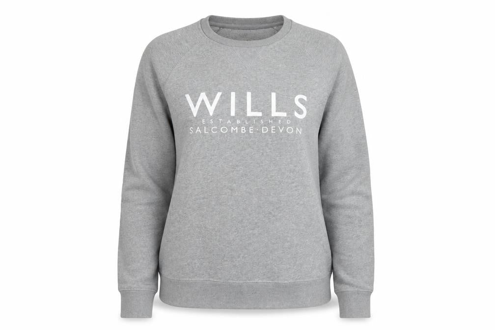 Front view of Jack Wills women’s grey cotton pullover sweatshirt, size XS, pullover - logo, salcombe devon