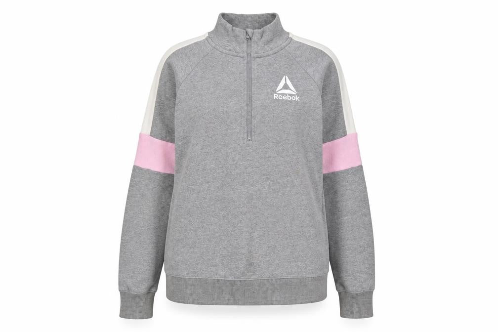 Front view of Reebok girls’ grey cotton henley sweatshirt, size 2XL, pullover - logo