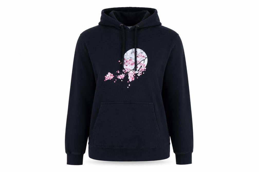 Front view of Fort Company women’s black cotton pullover hoodie, size M, pullover - moon, blossom