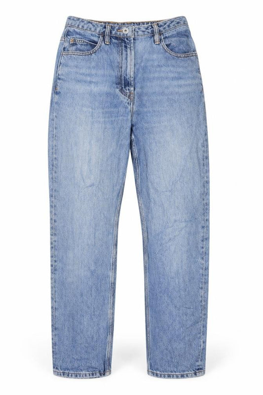 Front view of Collusion women’s blue cotton mom jeans, size UK 28, in, 32-inch leg regular zip