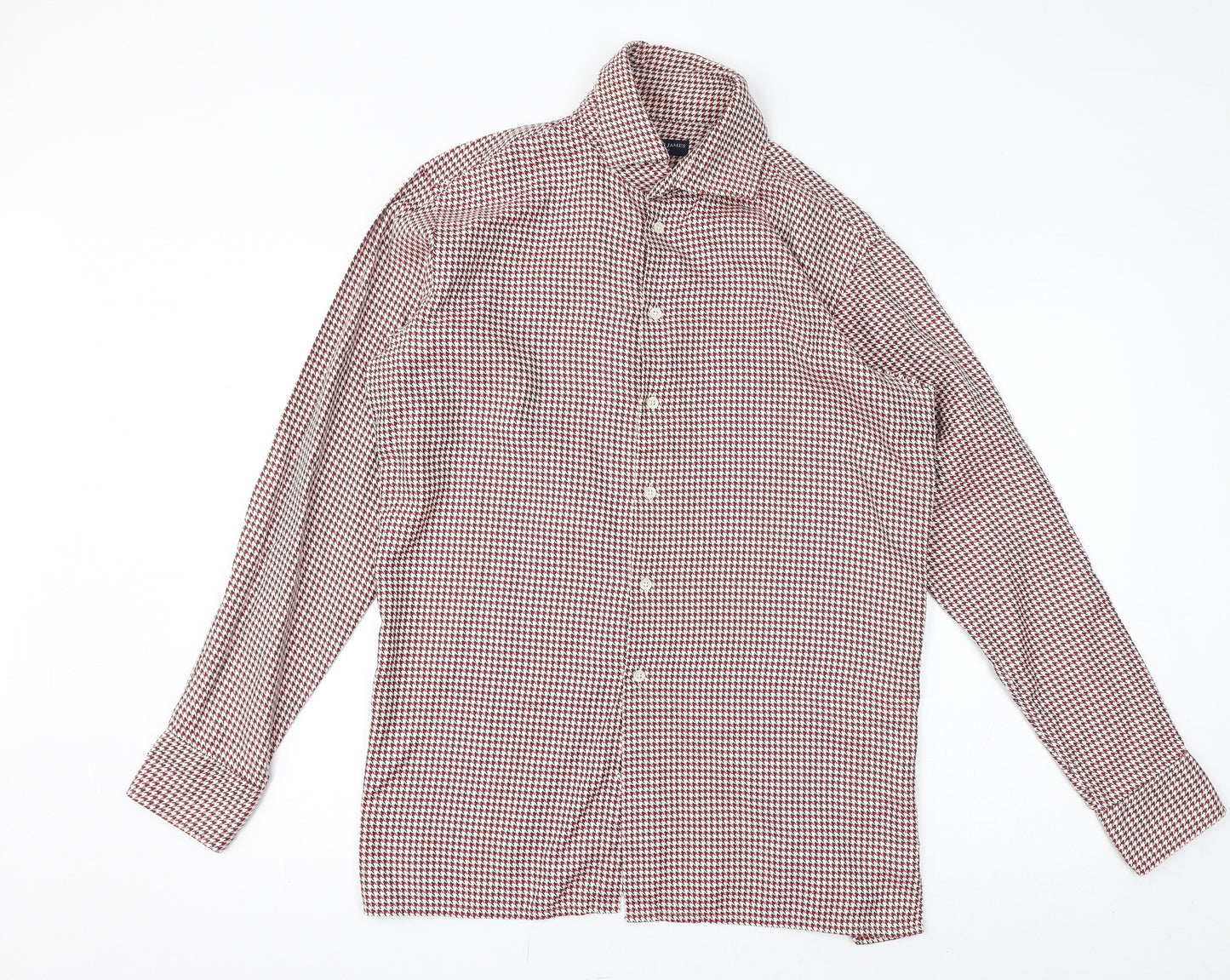 Richard James Mens Red Geometric Polyester Button-Up Size S Collared Button - Houndstooth