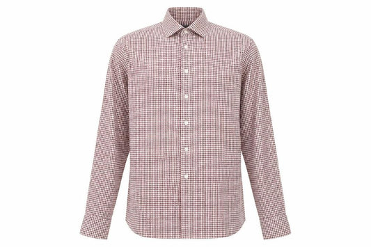 Front view of Richard James men’s red geometric polyester button-up, size S, collared button - houndstooth