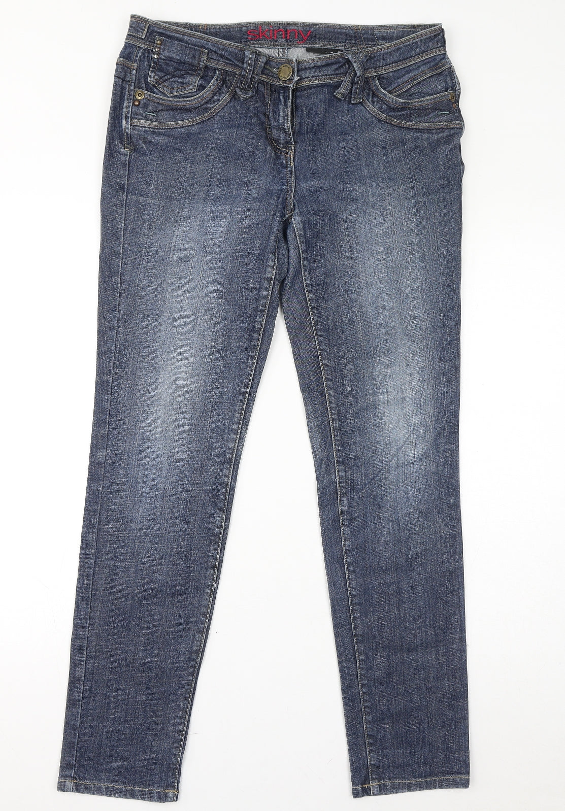 NEXT Womens Blue Cotton Skinny Jeans Size 12 L30 in Regular Zip - Floral Embroidery