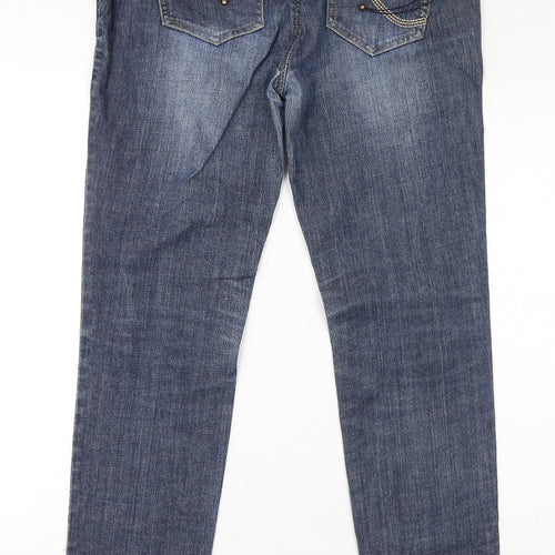 NEXT Womens Blue Cotton Skinny Jeans Size 12 L30 in Regular Zip - Floral Embroidery