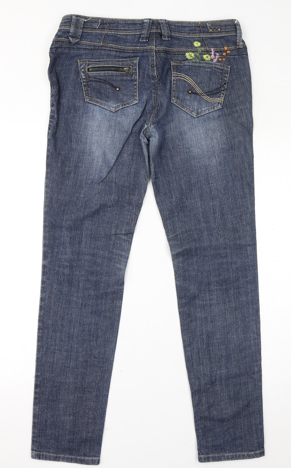 NEXT Womens Blue Cotton Skinny Jeans Size 12 L30 in Regular Zip - Floral Embroidery