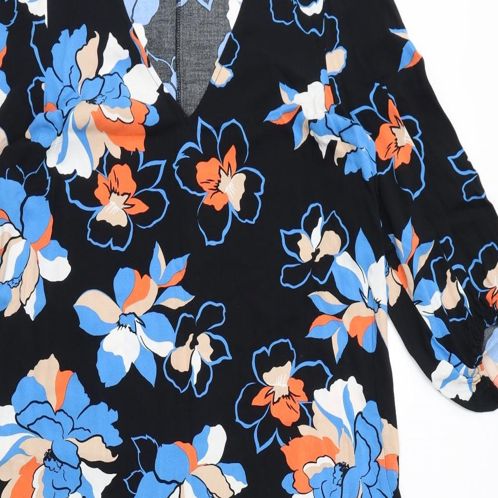 New Look Womens Black Floral Viscose Mini Size 12 V-Neck Pullover