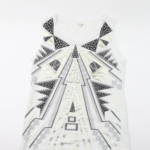 River Island Womens White Geometric Polyester Basic Tank Size 14 Round Neck - Embossed Gem