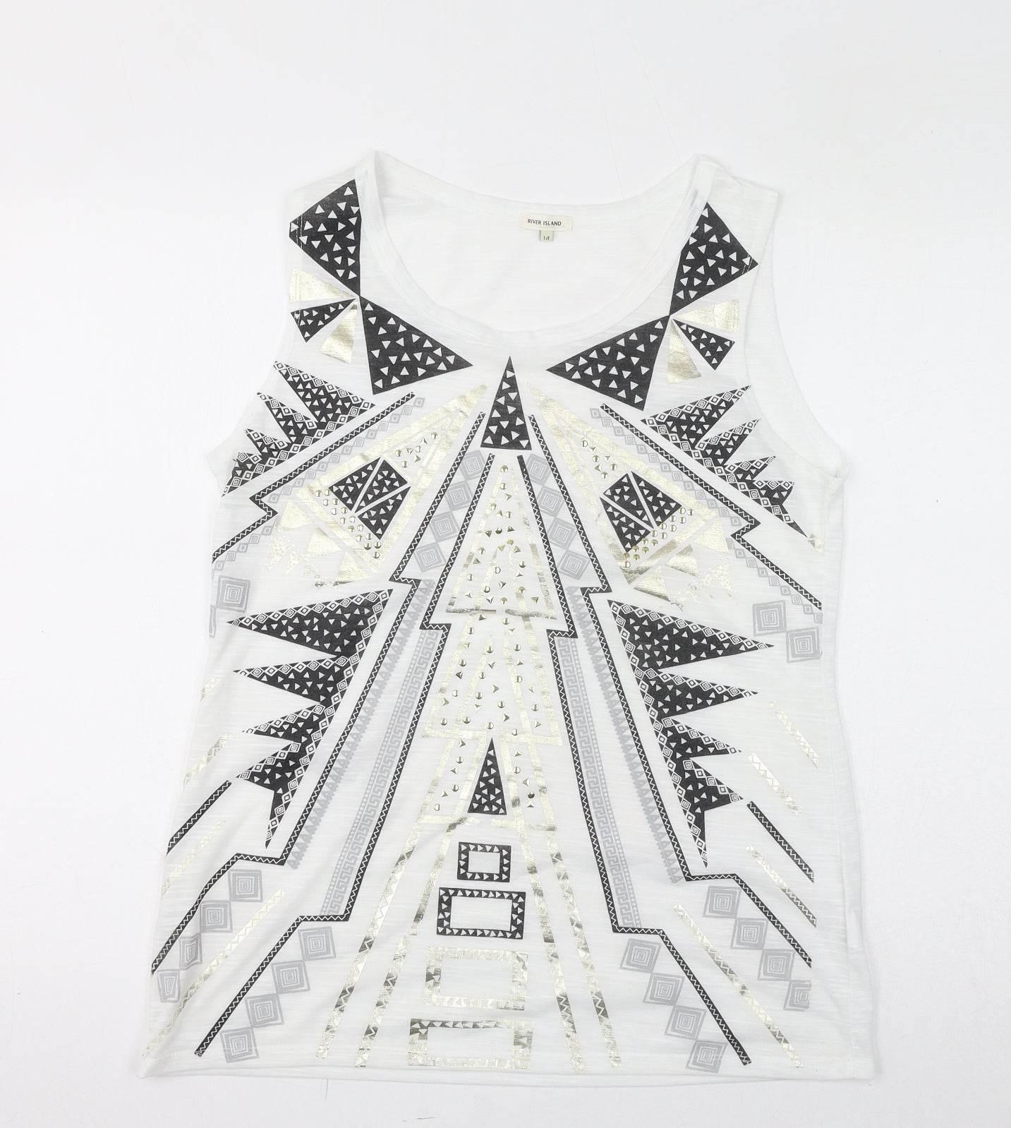 River Island Womens White Geometric Polyester Basic Tank Size 14 Round Neck - Embossed Gem