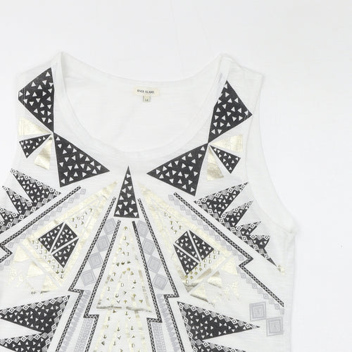 River Island Womens White Geometric Polyester Basic Tank Size 14 Round Neck - Embossed Gem
