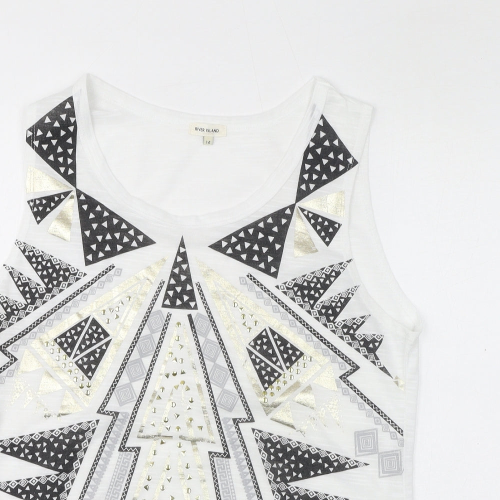 River Island Womens White Geometric Polyester Basic Tank Size 14 Round Neck - Embossed Gem