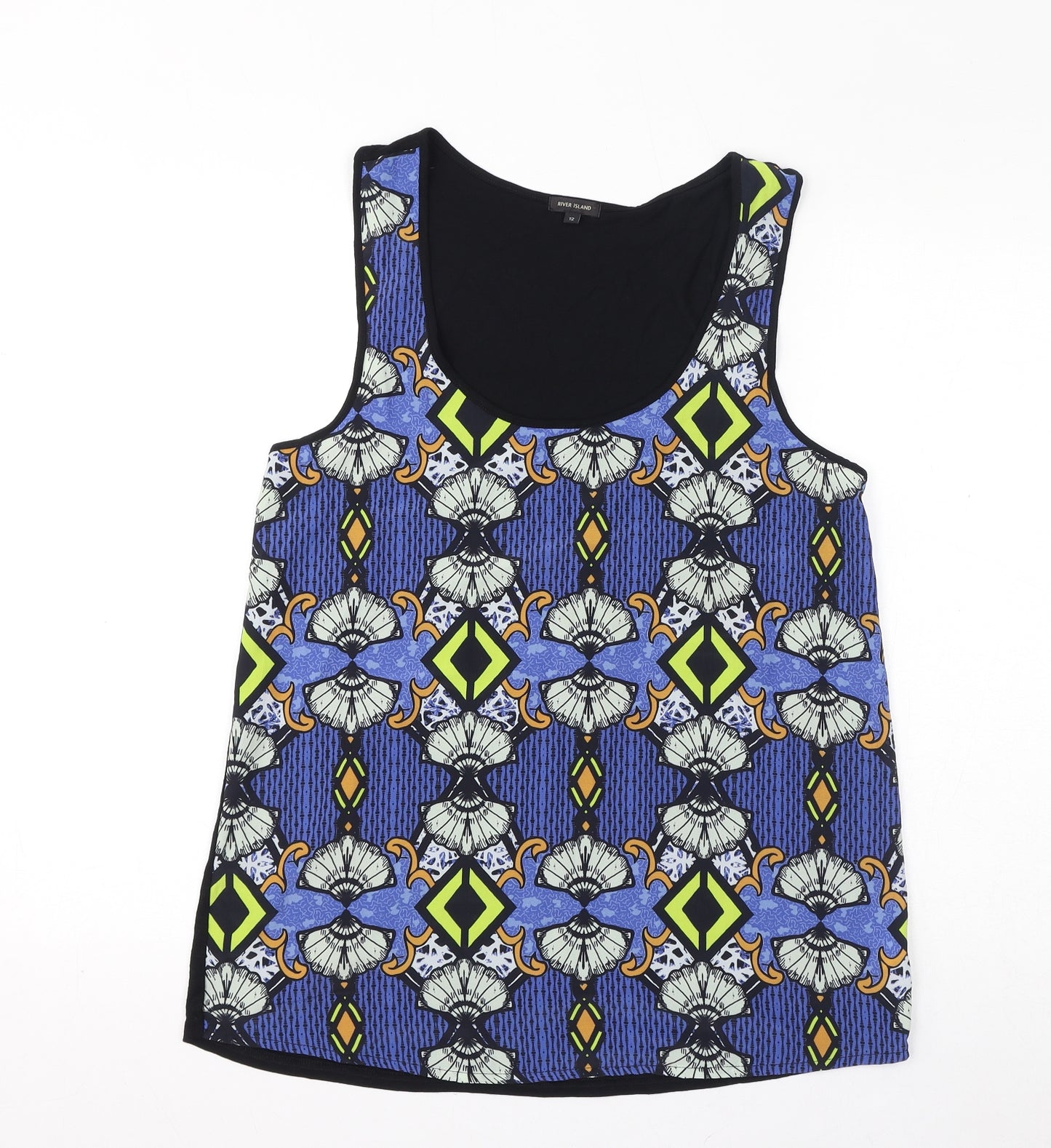 River Island Womens Blue Geometric Viscose Basic Tank Size 12 Scoop Neck
