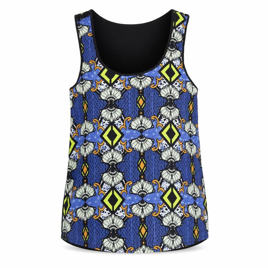 Front view of River Island women’s blue geometric viscose basic tank, size UK 12, scoop neck