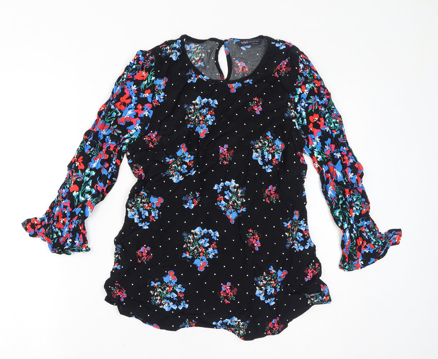 Marks and Spencer Womens Black Floral Viscose Basic T-Shirt Size 10 Round Neck
