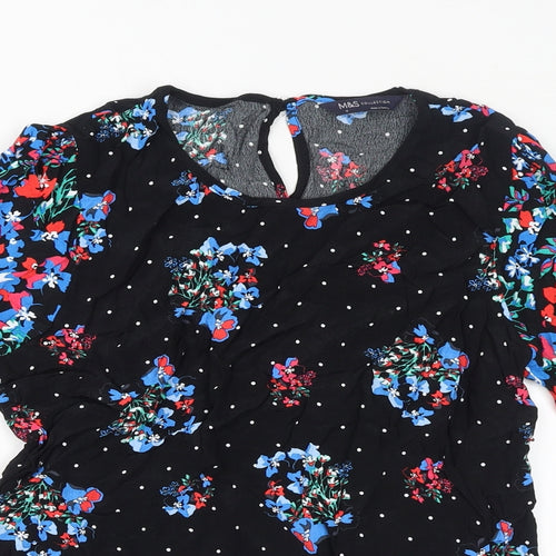 Marks and Spencer Womens Black Floral Viscose Basic T-Shirt Size 10 Round Neck