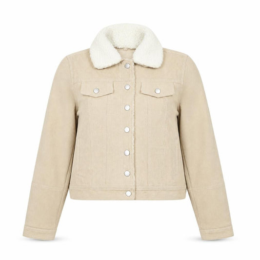 Front view of Boohoo women’s beige jacket, size UK 14, button