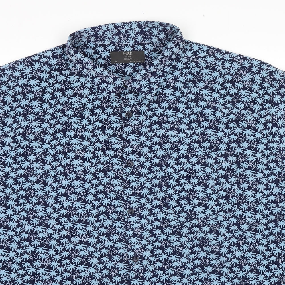 Marks and Spencer Mens Blue Geometric Cotton Button-Up Size 3XL Collared Button