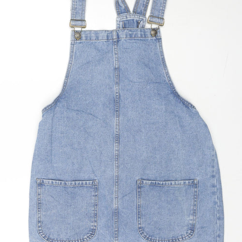 Denim & Co. Womens Blue Cotton Pinafore/Dungaree Dress Size 14 Square Neck Button
