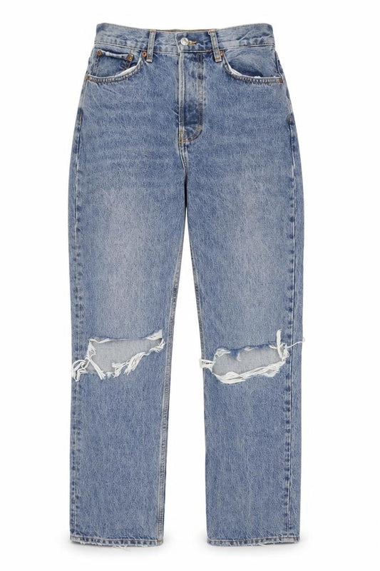 Front view of Topshop women’s blue cotton mom jeans, size UK 28, in, 32-inch leg regular zip