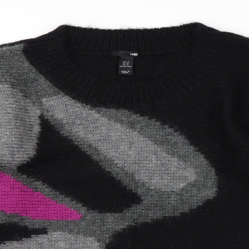 H&M Womens Black Round Neck Geometric Acrylic Pullover Jumper Size M