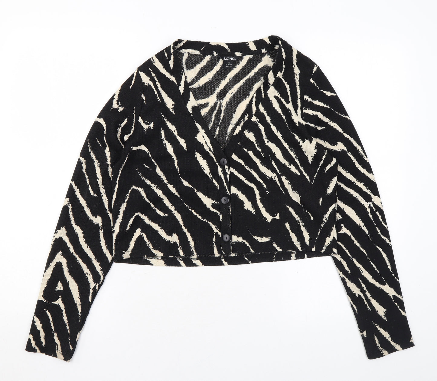 Monki Womens Black Animal Print Polyester Basic Button-Up Size M V-Neck - Zebra Print