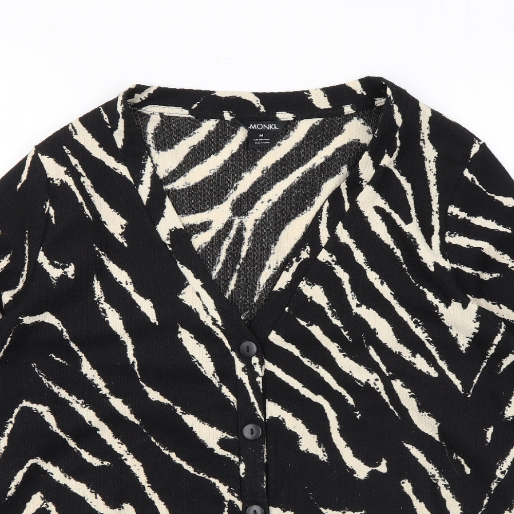 Monki Womens Black Animal Print Polyester Basic Button-Up Size M V-Neck - Zebra Print