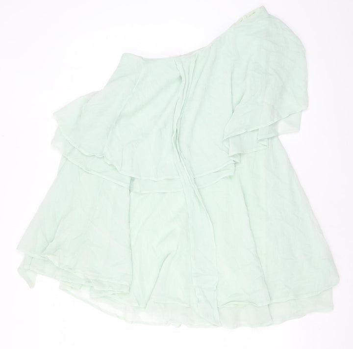 H&M Womens Green Polyester Mini Size 12 One Shoulder Pullover - Ruffles