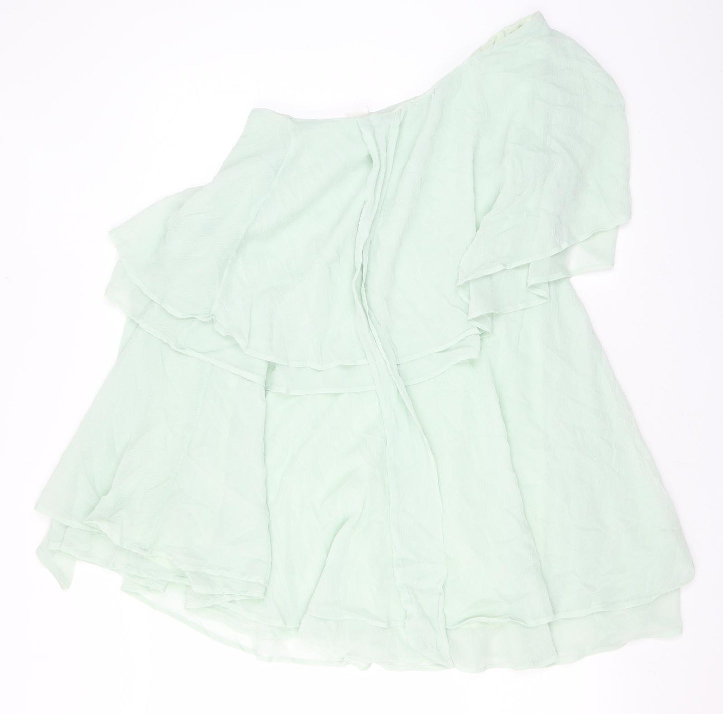 H&M Womens Green Polyester Mini Size 12 One Shoulder Pullover - Ruffles